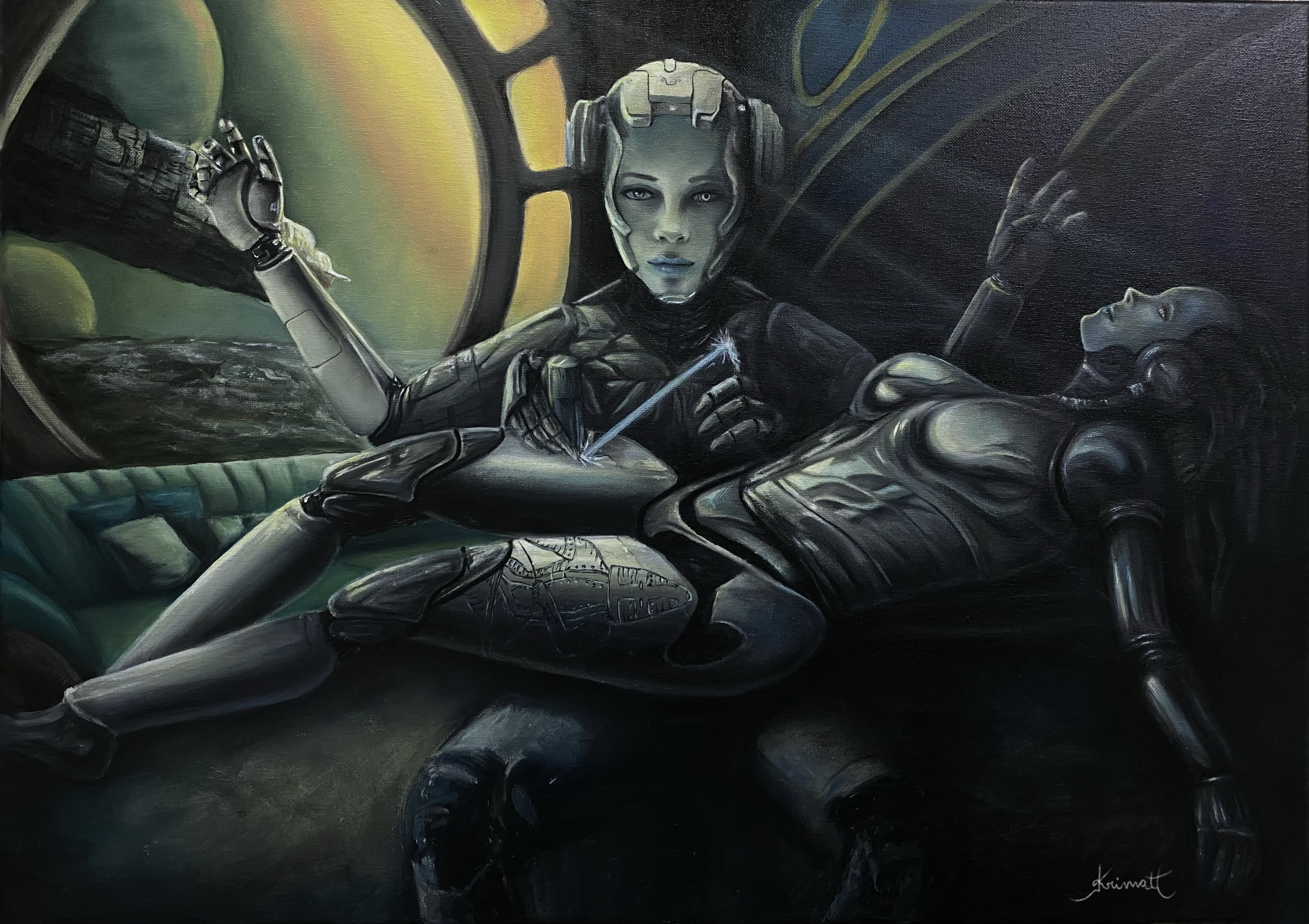 Krimatt oil painting — cyberpunk fantasy scene, two figures, deep atmospheric lighting. Fine art by Robin Krimatt, tattoo artist at CAOS Art Tattoo Santiago Chile.