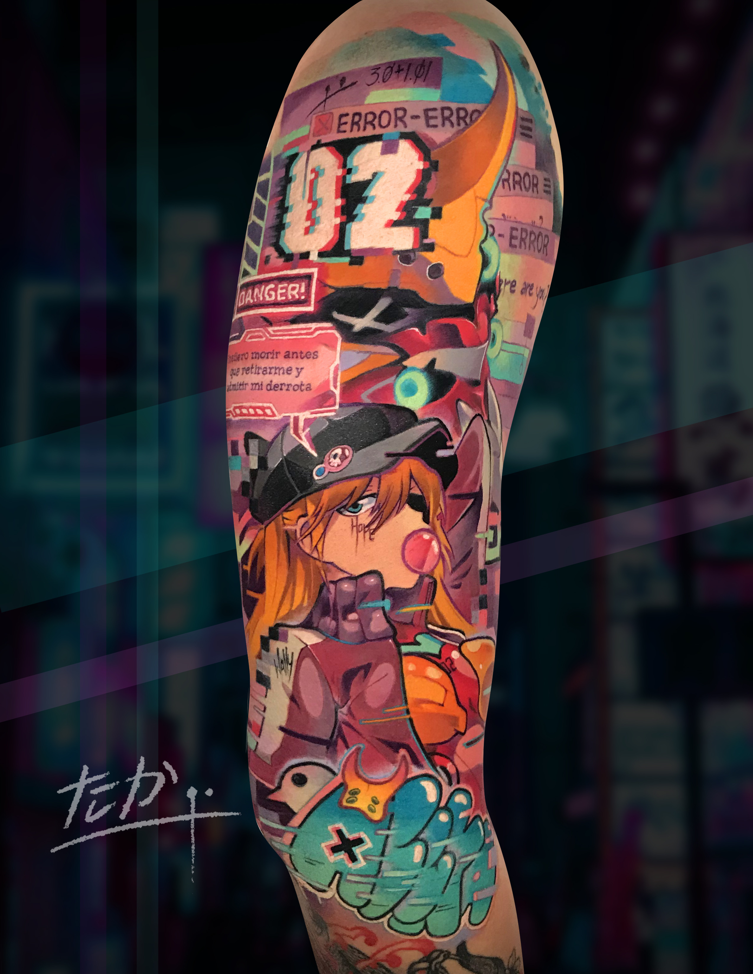 Camilo — Tatuaje Anime Experimental, Asuka Eva-02 Evangelion, CAOS Art Tattoo Santiago Chile