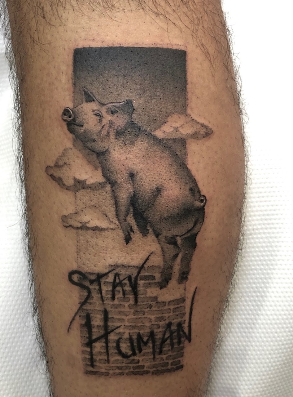 Tatuaje cerdo volador stay human black grey — CAOS Art Tattoo Chile