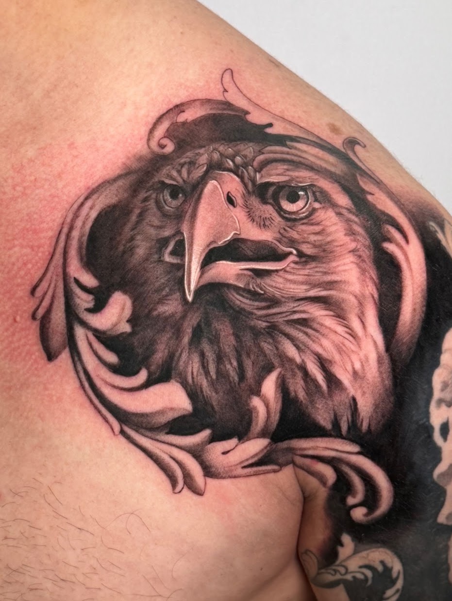 Tatuaje Águila calva retrato frontal realista — CAOS Art Tattoo Chile