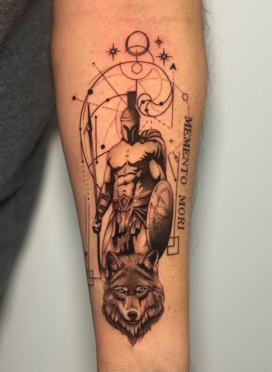 Tatuaje espartano lobo memento mori geométrico — CAOS Art Tattoo Chile