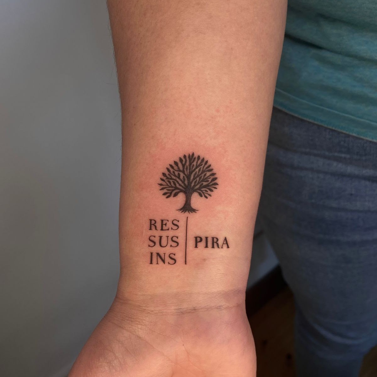 Tatuaje Árbol con texto RES SUS INS PIRA — CAOS Art Tattoo Chile