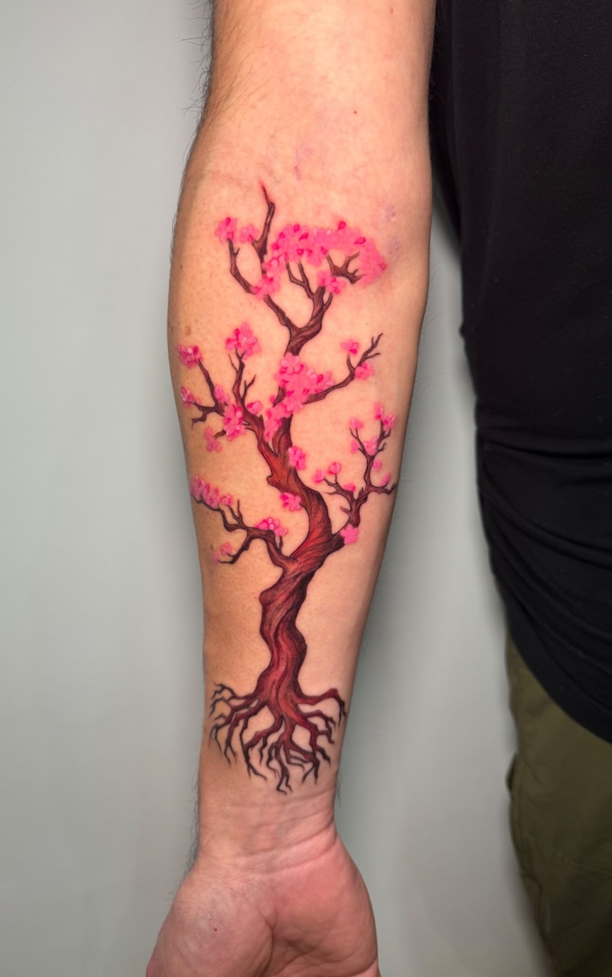 Tatuaje Cerezo árbol completo a color con raíces — CAOS Art Tattoo Chile