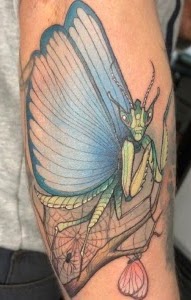 Tatuaje Mantis religiosa con alas de libélula a color — CAOS Art Tattoo Chile