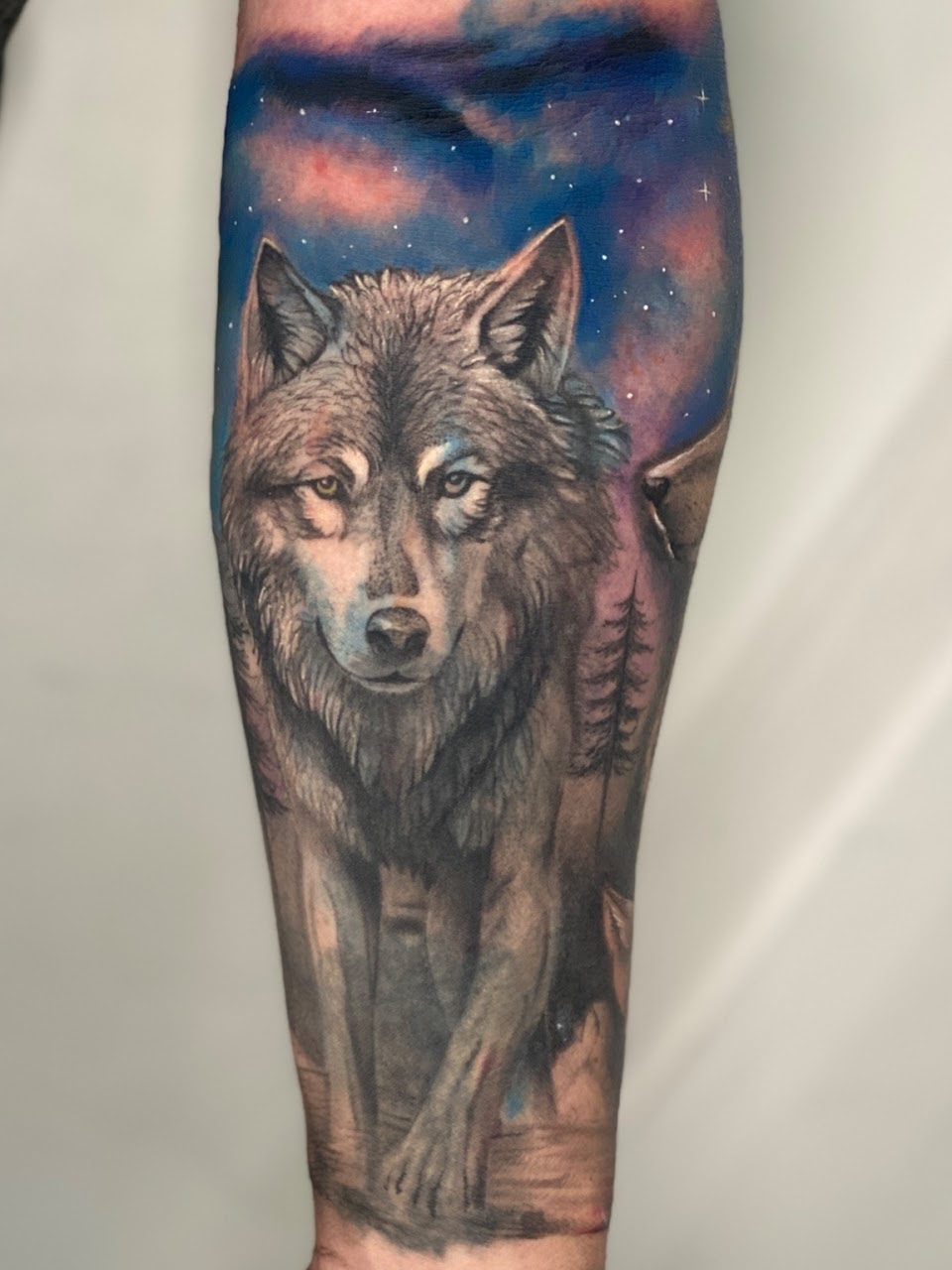 Tatuaje Lobo realista a color cielo nocturno y bosque — CAOS Art Tattoo Chile