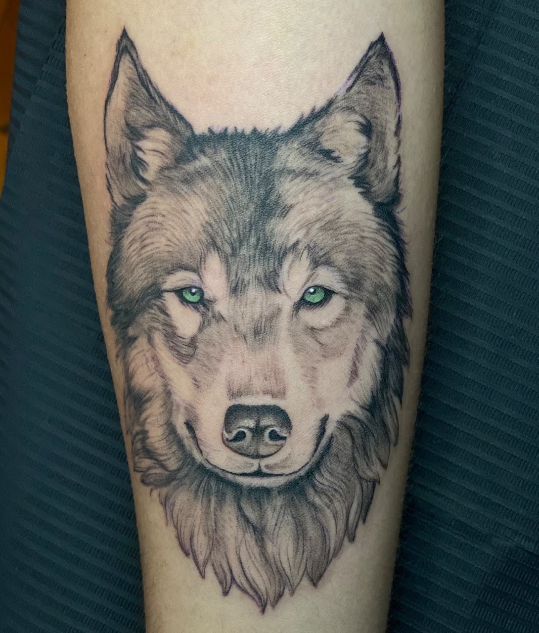 Tatuaje Lobo retrato con ojos verdes realista — CAOS Art Tattoo Chile