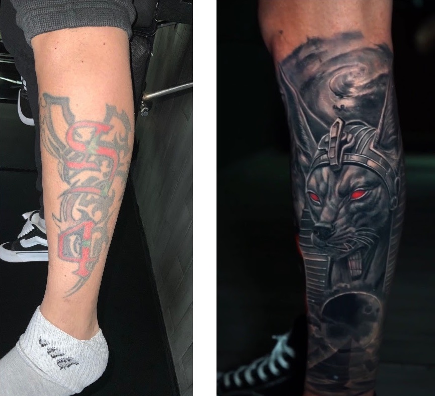 Cover-up tatuaje águila borrada por máscara azteca realismo color — CAOS Art Tattoo Chile