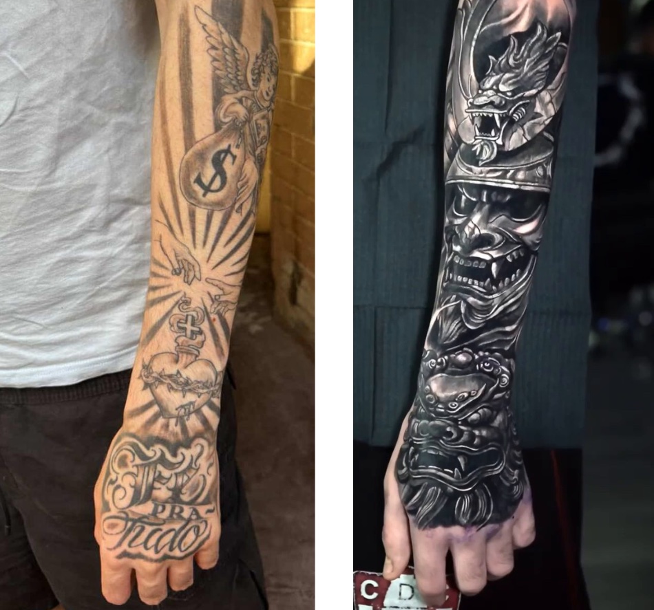 Cover-up tatuaje letras tribales por Anubis ojos rojos realismo — CAOS Art Tattoo Santiago