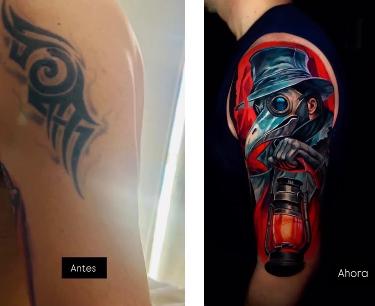 Proceso cover-up tatuaje armadura guerrero romano tres sesiones — CAOS Art Tattoo Santiago