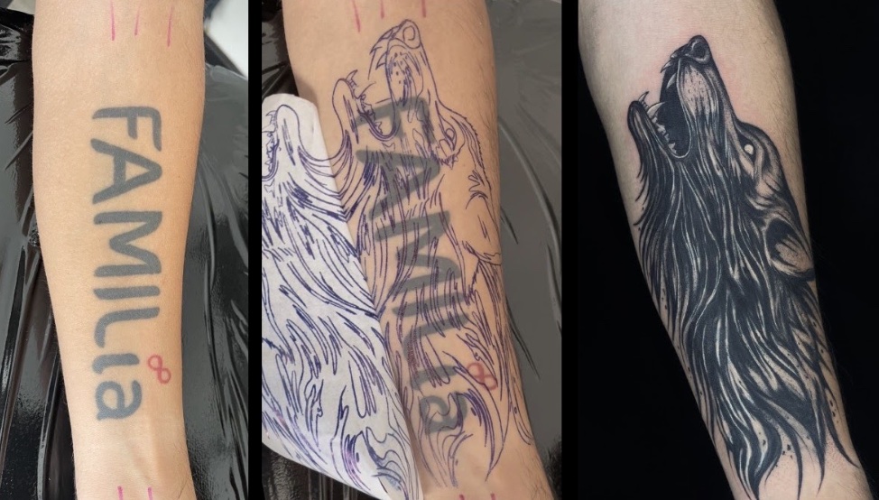 Cover-up tatuaje texto FAMILIA por lobo aullando blackwork proceso — CAOS Art Tattoo Santiago
