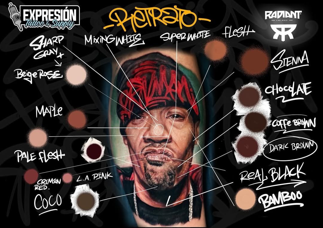 Paleta tintas Radiant Colors para retratos tatuaje realismo Chile – Caos Art Tattoo