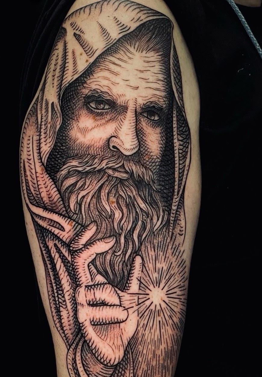 Wizard fine line tattoo by Caos Art Tattoo Santiago