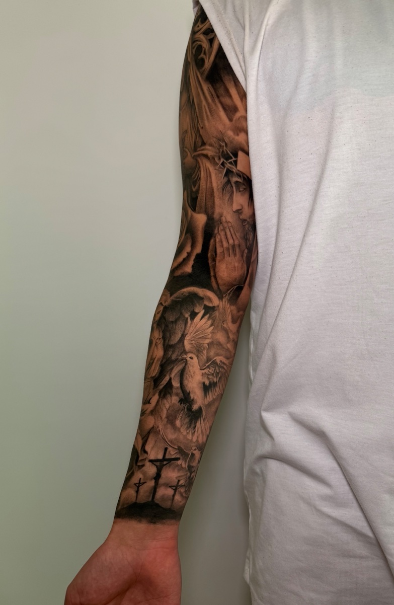 Manga religiosa completa Virgen y ángel — CAOS Art Tattoo Chile