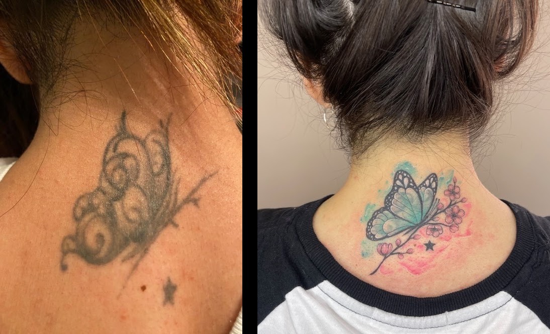 Restauración de tatuaje de alas en la espalda — antes y después — CAOS Art Tattoo Chile
