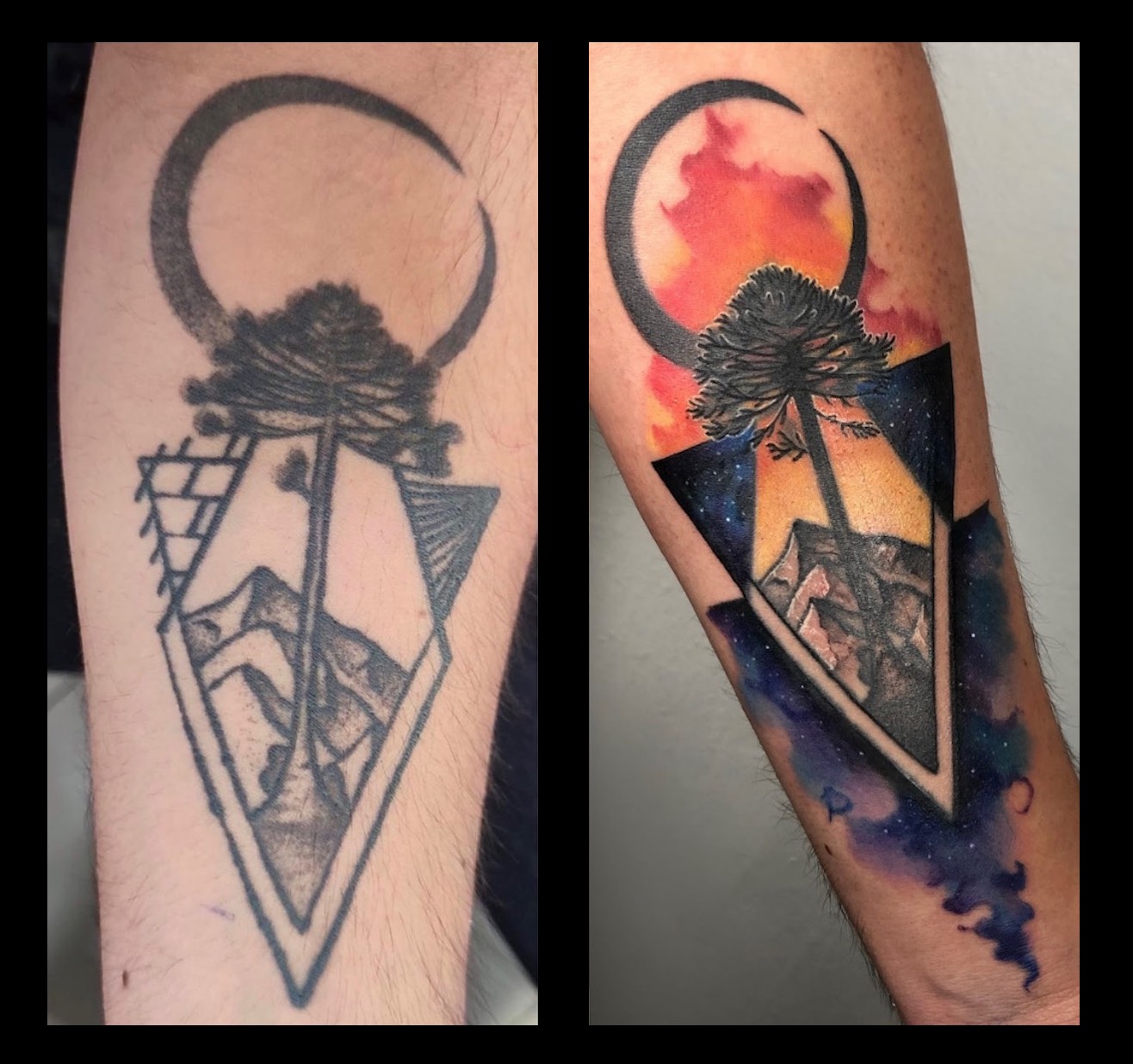 Restauración de tatuaje geométrico con araucaria y luna — antes y después — CAOS Art Tattoo Chile