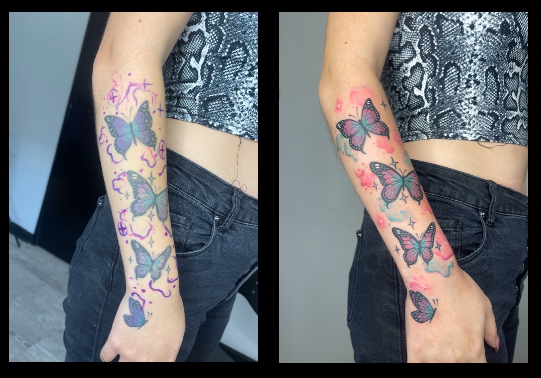 Restauración de tatuaje de mariposas en el brazo — antes y después — CAOS Art Tattoo Chile