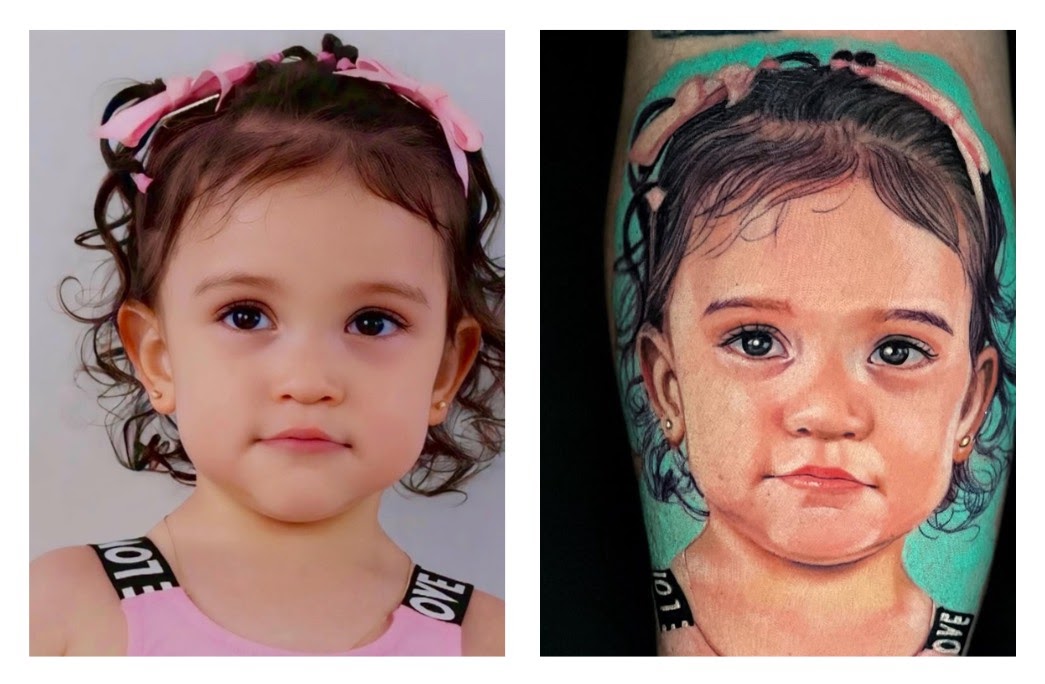 Retrato realista tatuaje niña, foto original y resultado – Rubén Caos Art Tattoo Santiago