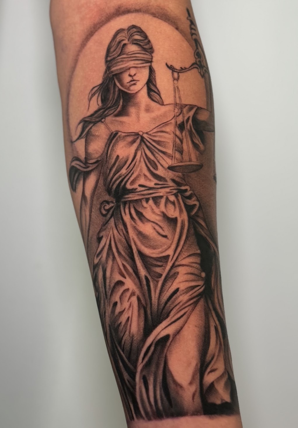 Lady Justice fine line tattoo Santiago Chile